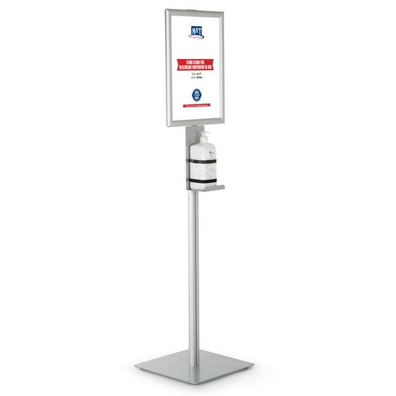 M&T Displays Floor Stand Universal Holder for Liquid/Lotion Soap or Hand Sanitizing Products with 4.33x4.33x9.84 Inch Opti Snap Frame Message Sign Post, Face Mask, Disposable Glove, Facial Tissue