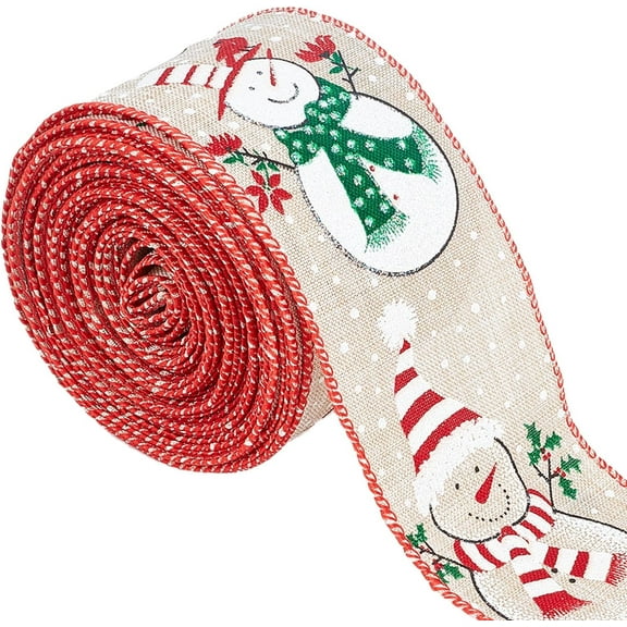 9.9 Yards 2.5 Inch Christmas Wired Ribbon Printed Wrapping Ribbons Snowman Snowflake Embellishment Fabric Polyester Imitation Linen Edge Trim