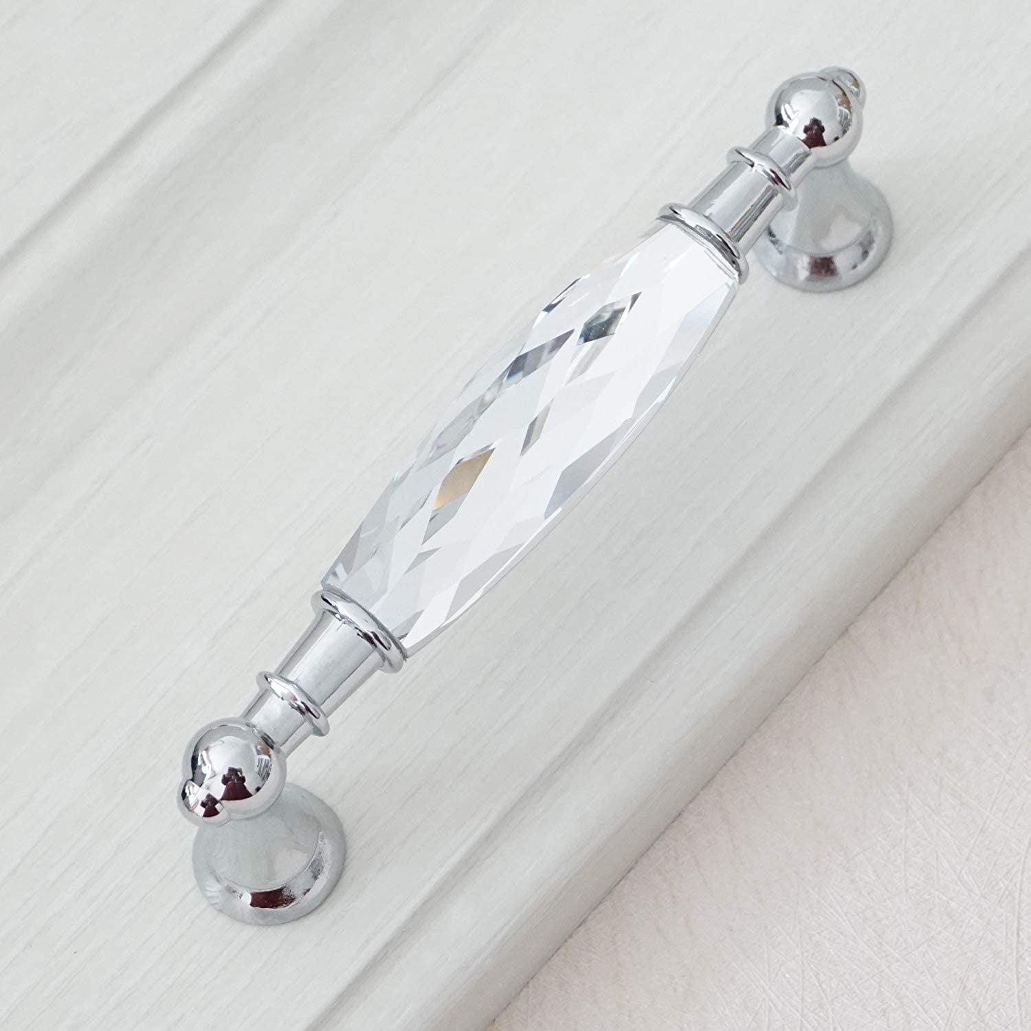 ABPETE Crystal Drawer Pulls Handles 5'' Hole to Hole Clear Glass Cabinet Knobs Pulls Dresser Knob Chrome Metal Silver Modern Cupboard Kitchen Bathroom Knobs (2, 5.0" Hole to Hole)