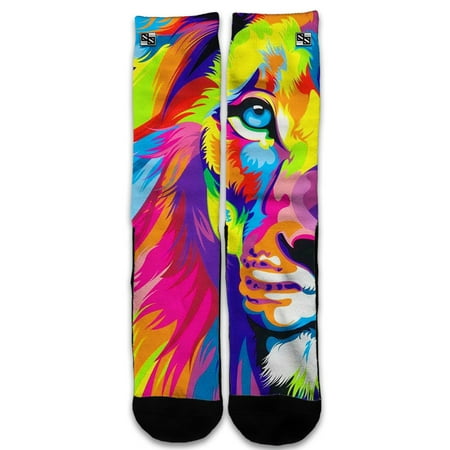 Custom Elite Style Athletic Sport Socks Crew 18 Inch / Colorful Lion Abstract