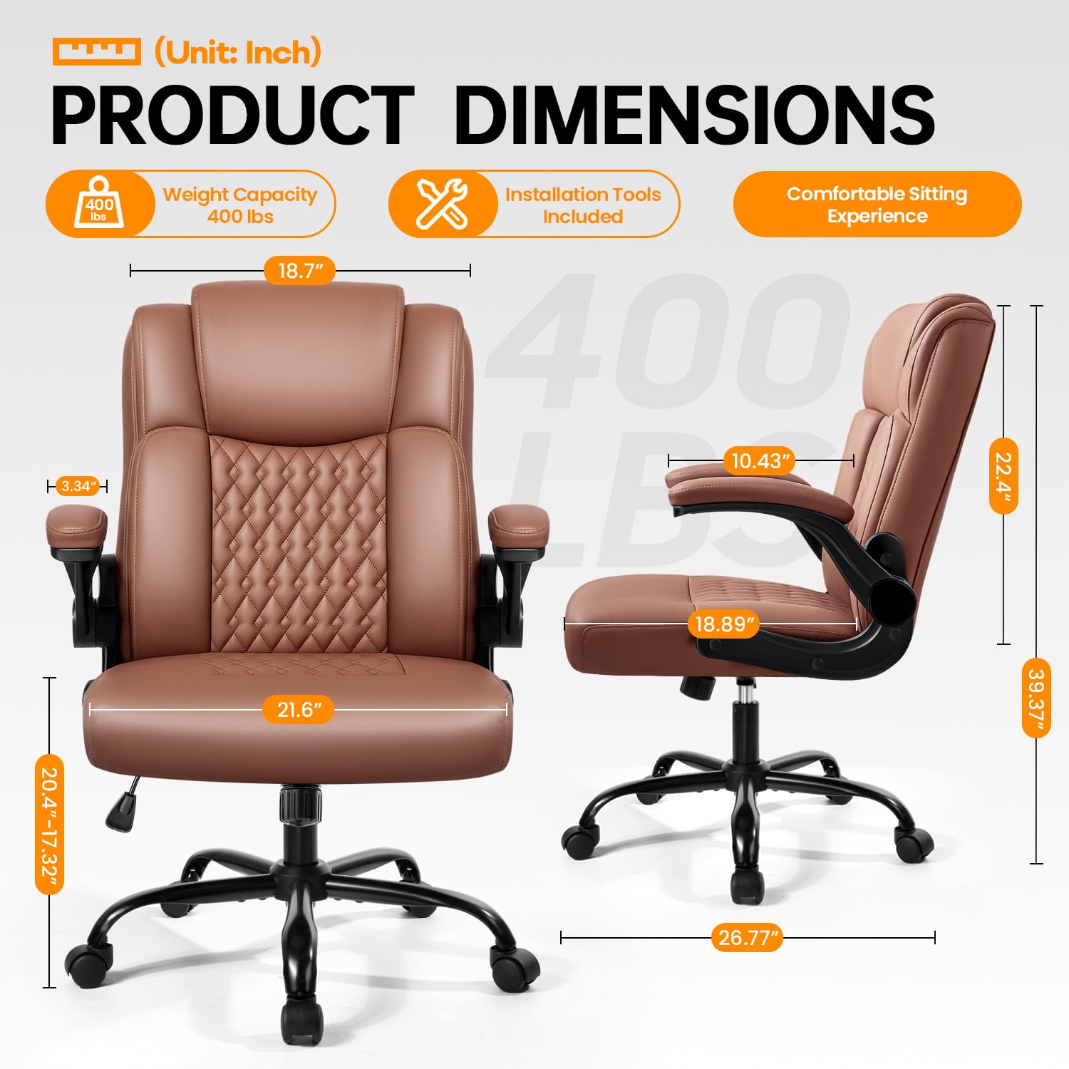 Waleaf Leather Office Chair,Wide Seat Small Computer Desk Chair Ergonomic Mid-Back Executive Chair with Back Support for Short People,Brown
