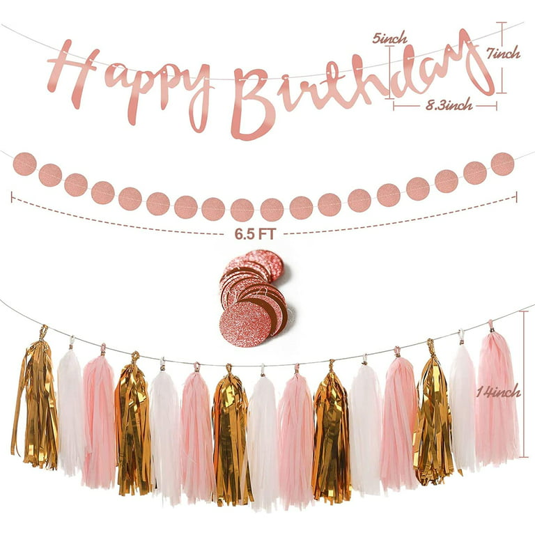 Pink Birthday Party Decorations 12'' 10'' Hot Pink Gold White Confetti Latex Metallic Balloons with Happy Birthday Banner Paper Pom Poms Tassels
