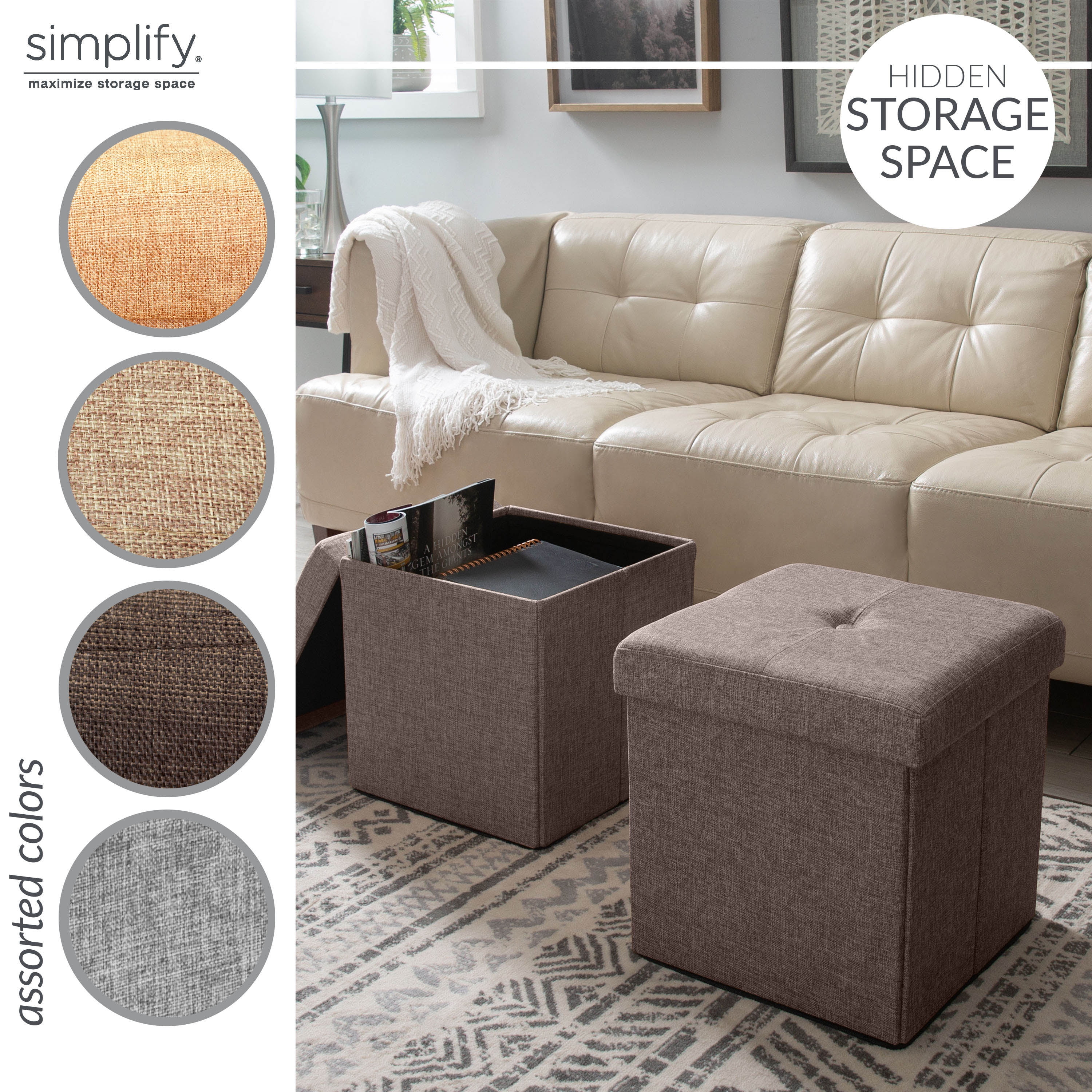 Simplify Faux Linen Folding Storage Ottoman Cube in Espresso