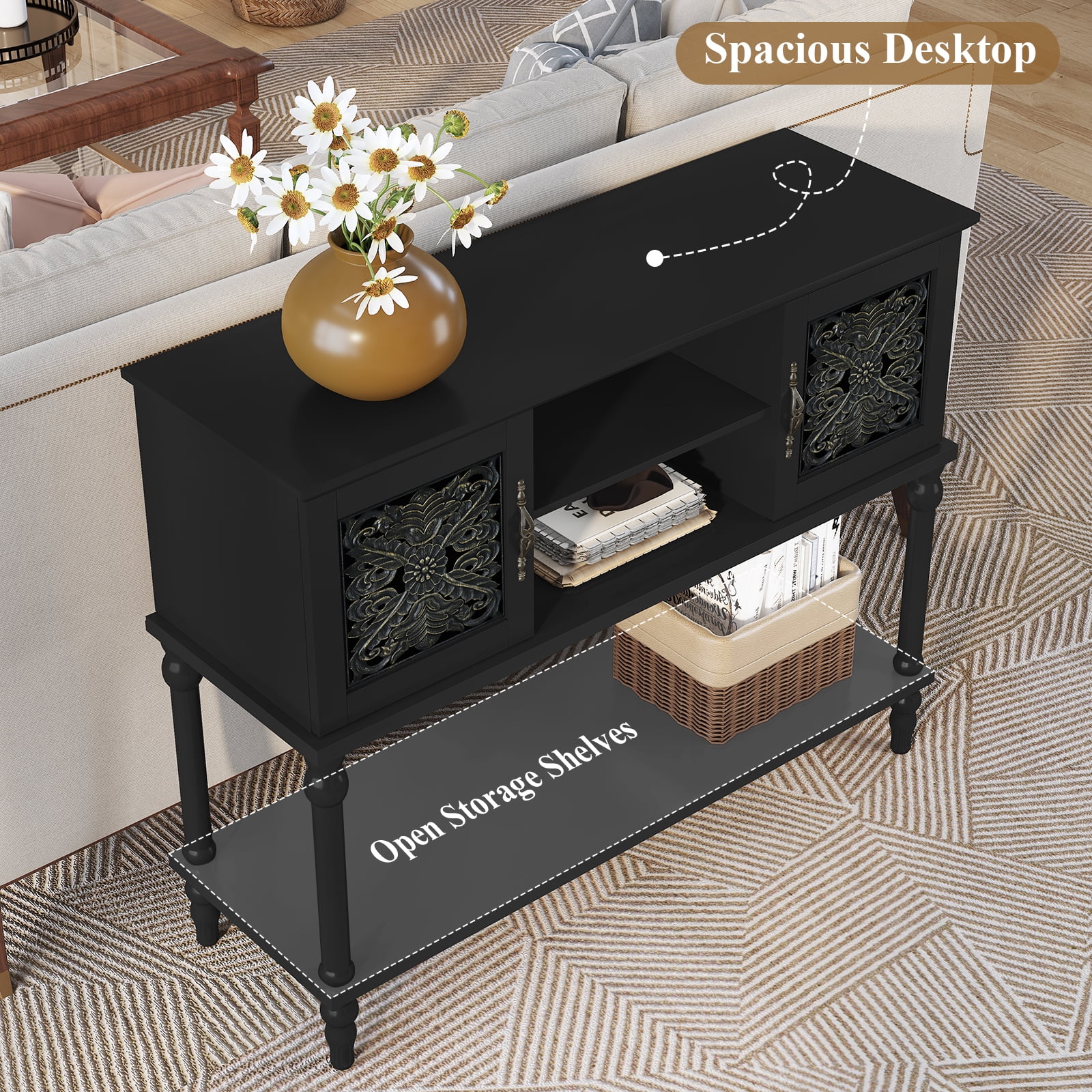HLR Modern 42" Console Table with Storage, Entryway Table Wood Behind Couch with Shelves for Living Room, Black
