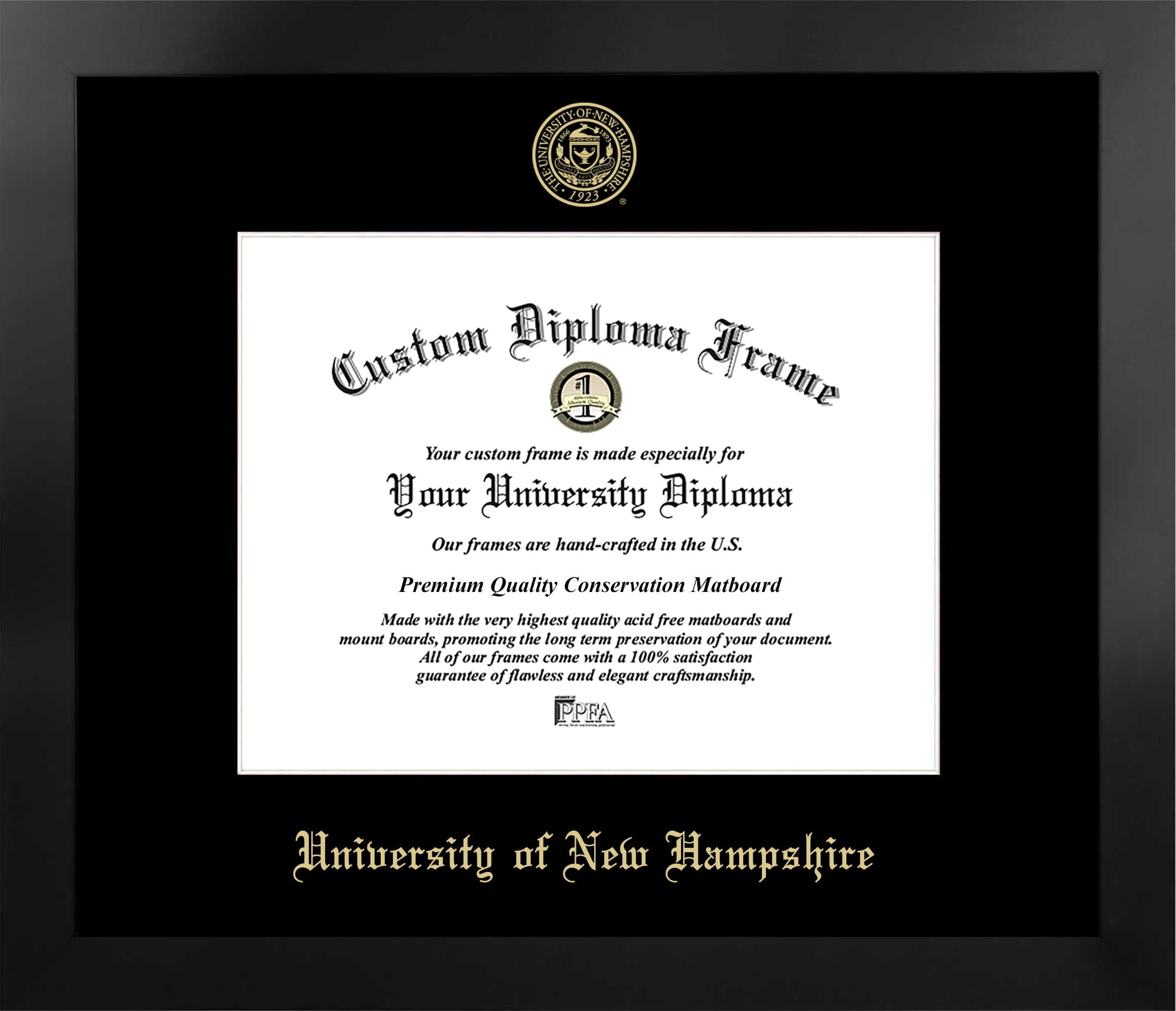 University of New Hampshire 10w x 8h Manhattan Black Single Mat Gold Embossed Diploma Frame with