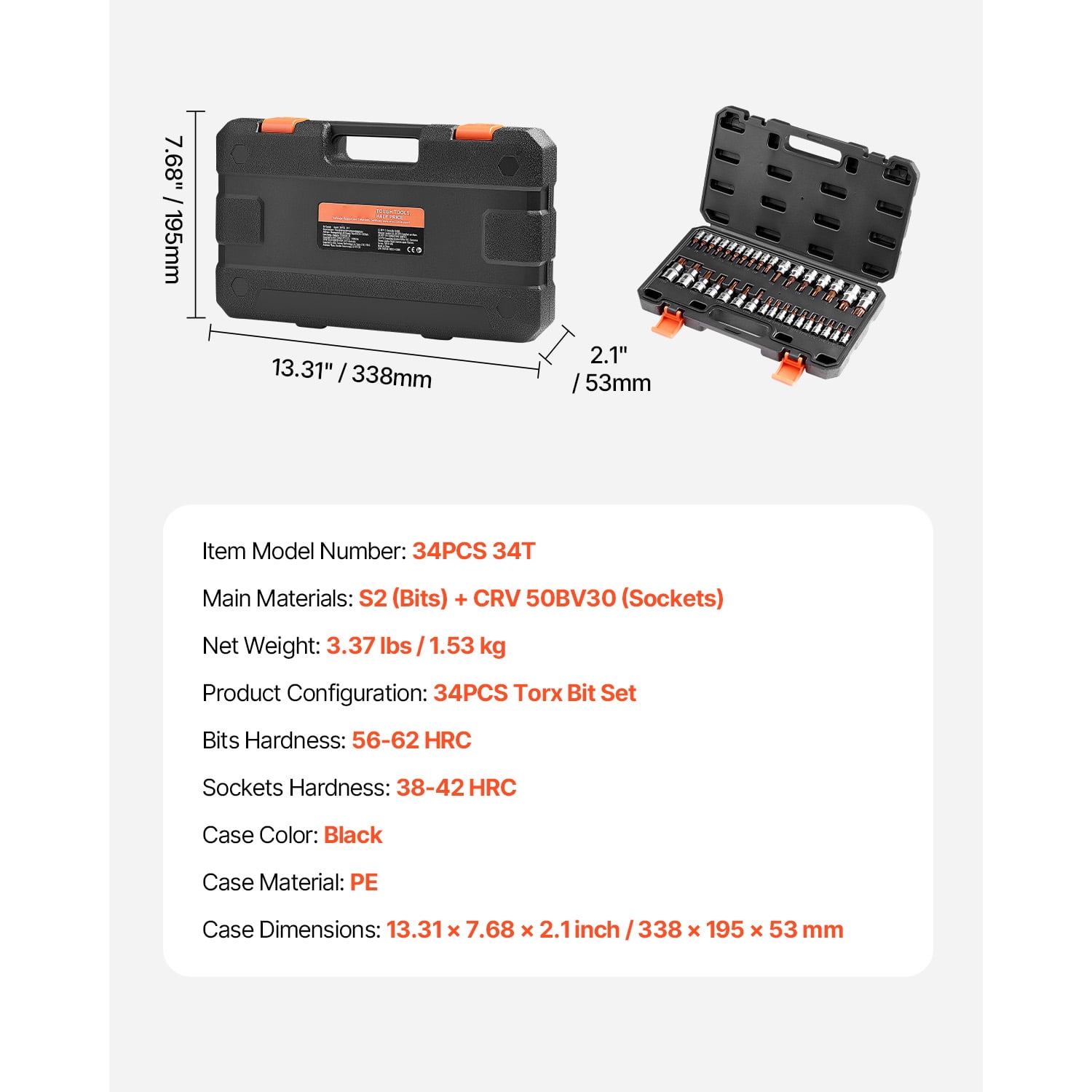 KFFKFF 34-Piece Torx Bit Socket Set, Solid Star and Tamper-Resistant T6-T70, Made from Durable S2 Alloy Steel and Cr-V Steel, Compatible with 1/4 in, 3/8 in, and 1/2 in Drives