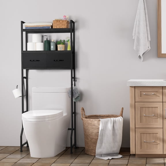 Black Over The Toilet Storage Cabinet, Freestanding Bathroom Organizer with Drawers & Shelf – Above Toilet Storage Rack