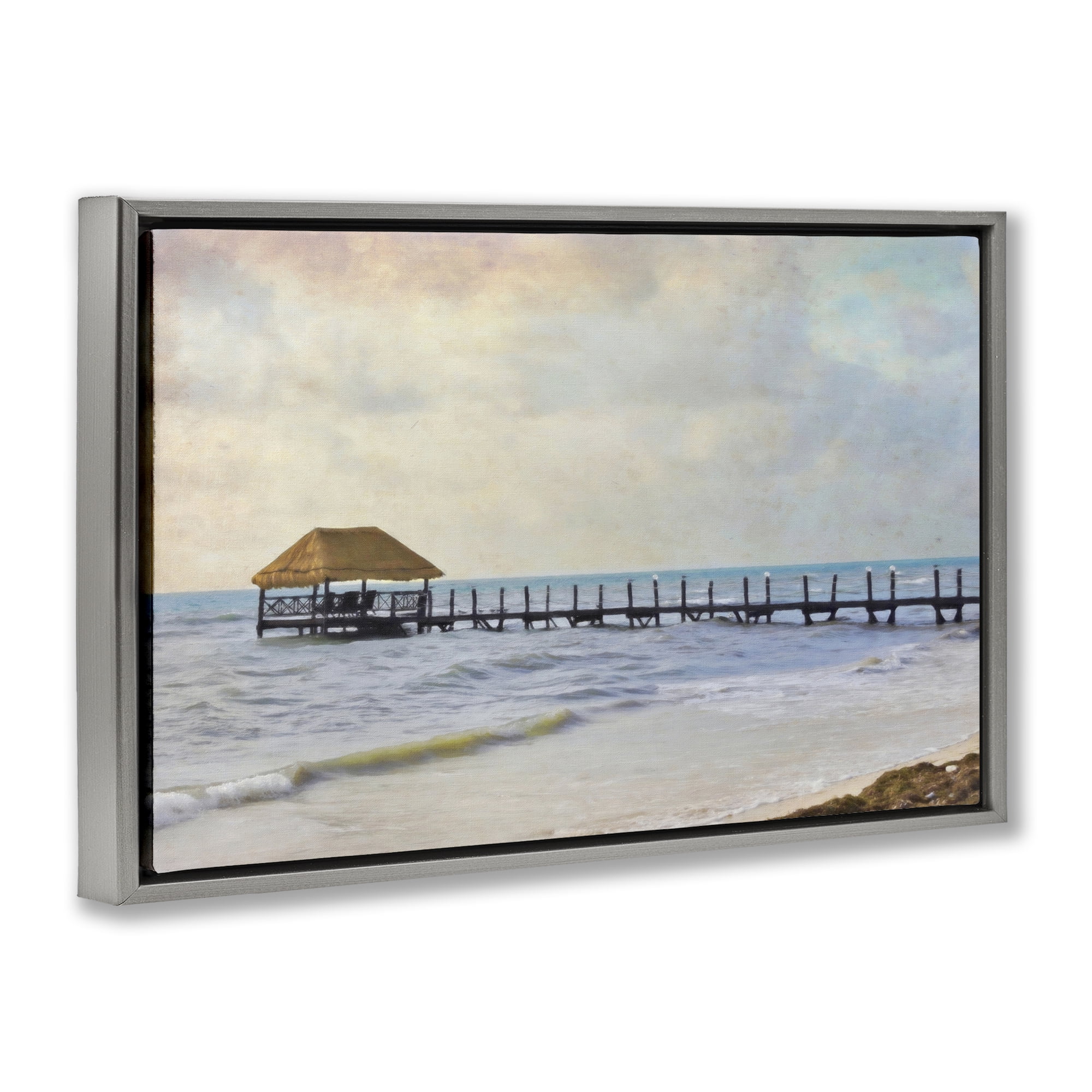 Stupell Industries Paradise Pier Shoreline Nautical & Beach Painting Gray Floater Framed Canvas Art Print Wall Art, 31 x 21
