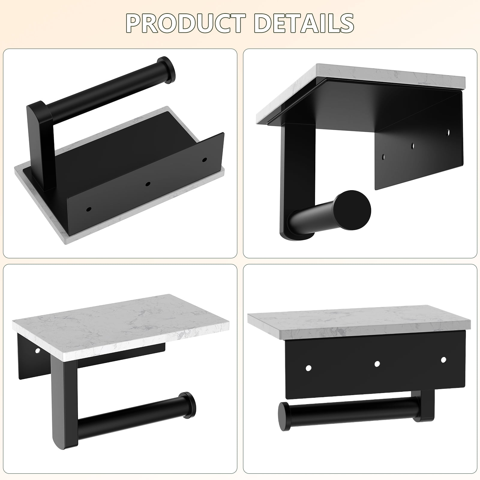 Wall Mount Toilet Paper Holder With Natural Marble Shelf Tissue Storage Holder In Matte Black