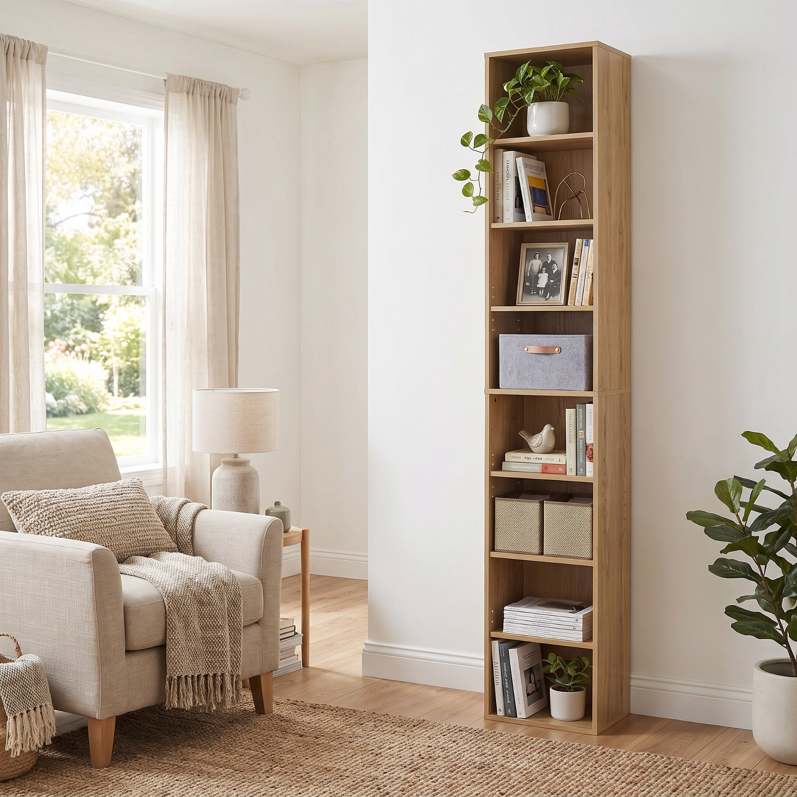 Furnibear 8-Tier Narrow Bookshelf with 4 Adjustable Shelves and Storage Cubes for Living Room Home Office Bedroom Display Storage Shelf, Natural
