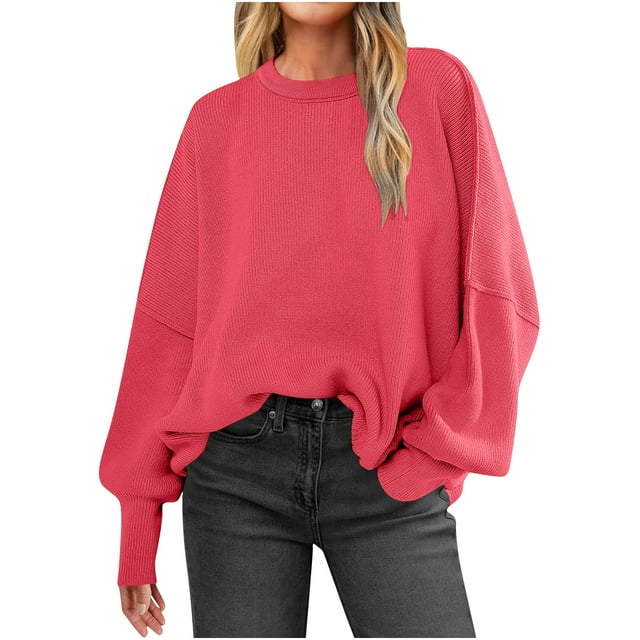 Chandails Tricotés pour Femmes, Chandail en Tricot à Col Rond Uni à Manches Longues pour Femmes, Chandails d'Hiver pour Femmes