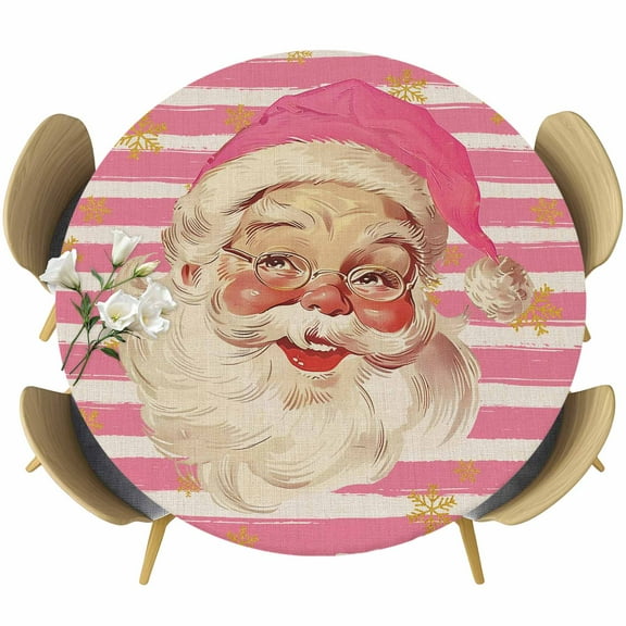 Pink Santa Christmas Table Cloth, Round Fitted Tablecloths with Elastic Edge, Xmas Snowflake Pink Striped Wipeable Waterproof Table Cover for Kitchen Wedding 36-44 Inches