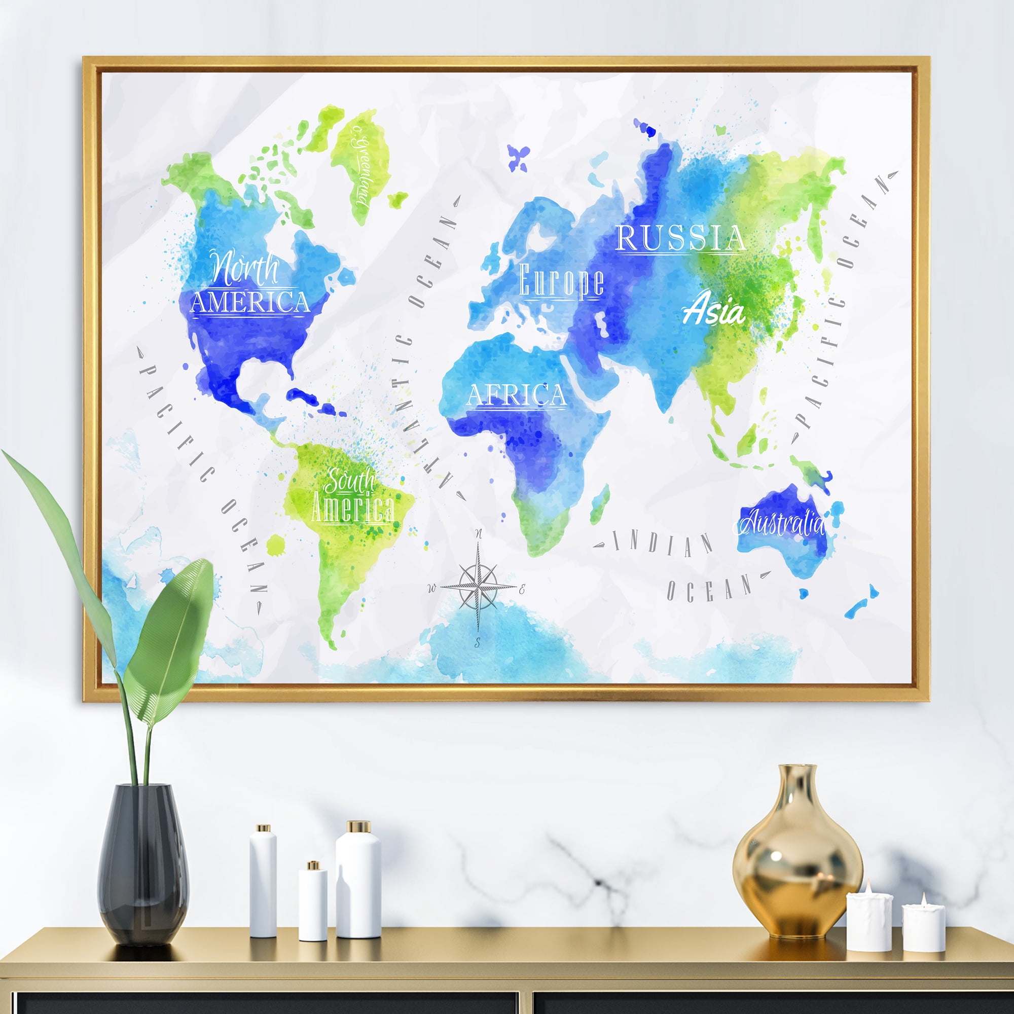 Designart 'World Map In Blue and Green' Modern Framed Canvas Wall Art Print