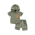 thumbnail image 2 of Newborn Baby Boy Clothes Short Sleeve Hooded Tops with Pocket Drawstring Short Casual Summer Outfits 6m 12m 18m 24m 3y, 2 of 9