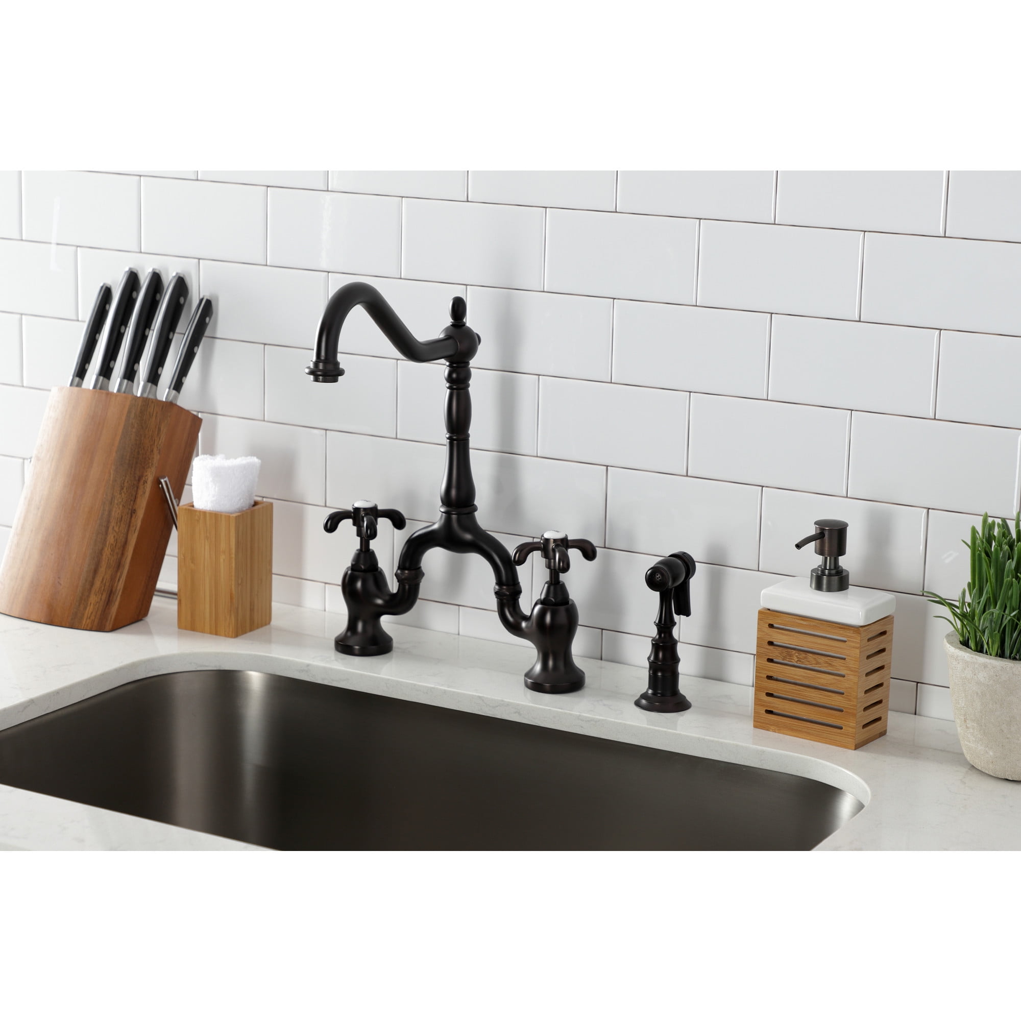 Kingston Brass KS7755TXBS French Country Two-Handle 3-Hole Deck Mount Bridge Kitchen Faucet with Brass Side Sprayer in Oil Rubbed Bronze
