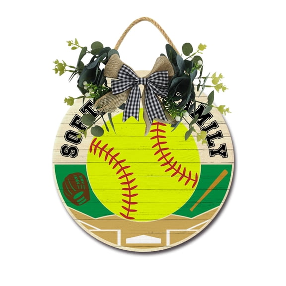 Softball Family Front Door,Horizontal Round Door Wreaths,Housewarming Gift Farmhouse Wood Door Hanger for Home Decor Indoor and Outdoor, Classroom, Yard, Porch Décor