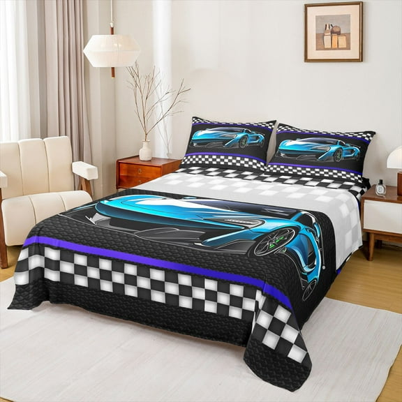 Feelyou Futuristic Race Car Twin Sheet Sets, Blue Cartoon Automobile Twin Fitted Sheet, Teens Kids Boys Girls Flat Sheet, Super Cozy Room Decor, 3 Pieces