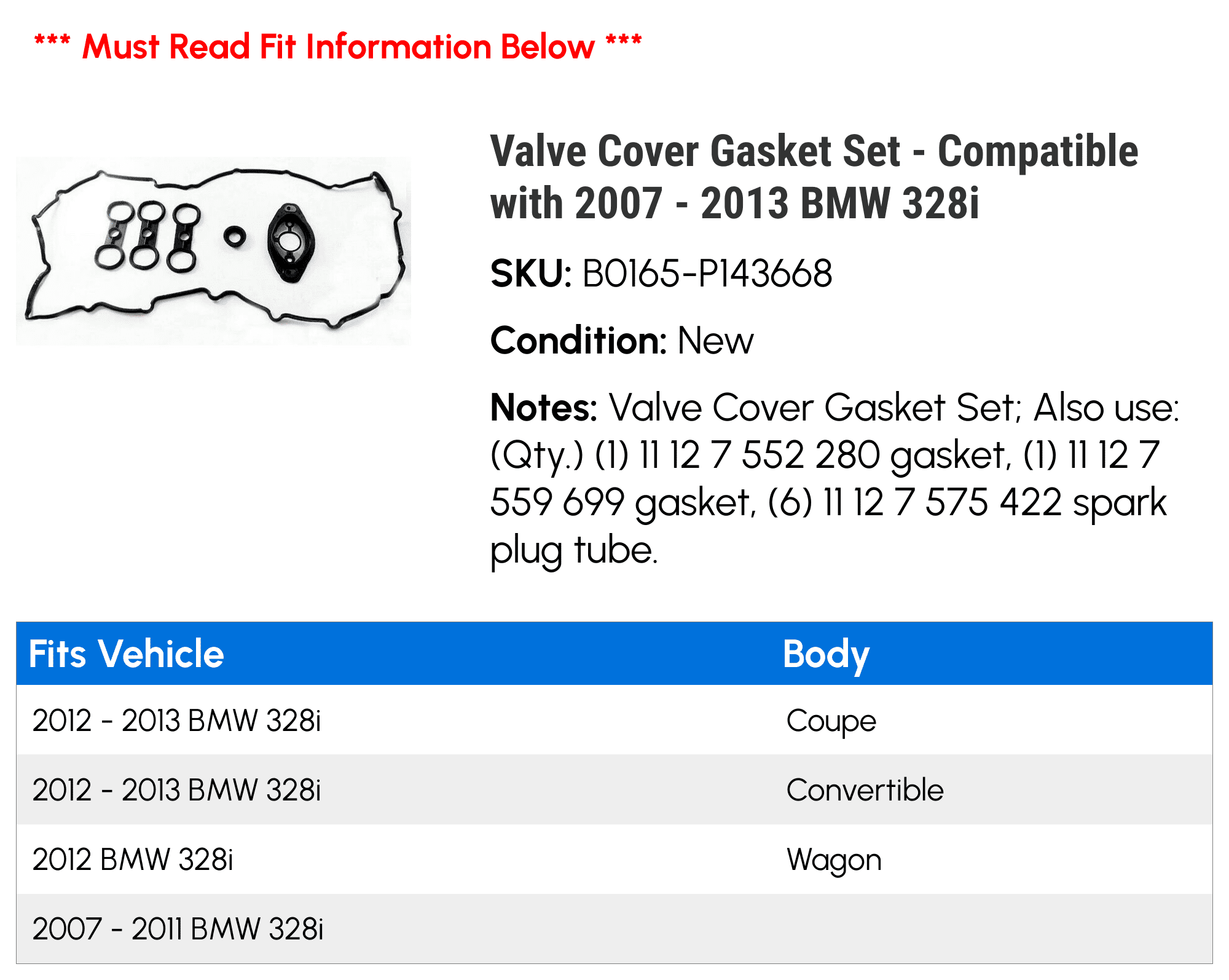 Valve Cover Gasket Set - Compatible with 2007 - 2013 BMW 328i 2008 2009 2010 2011 2012