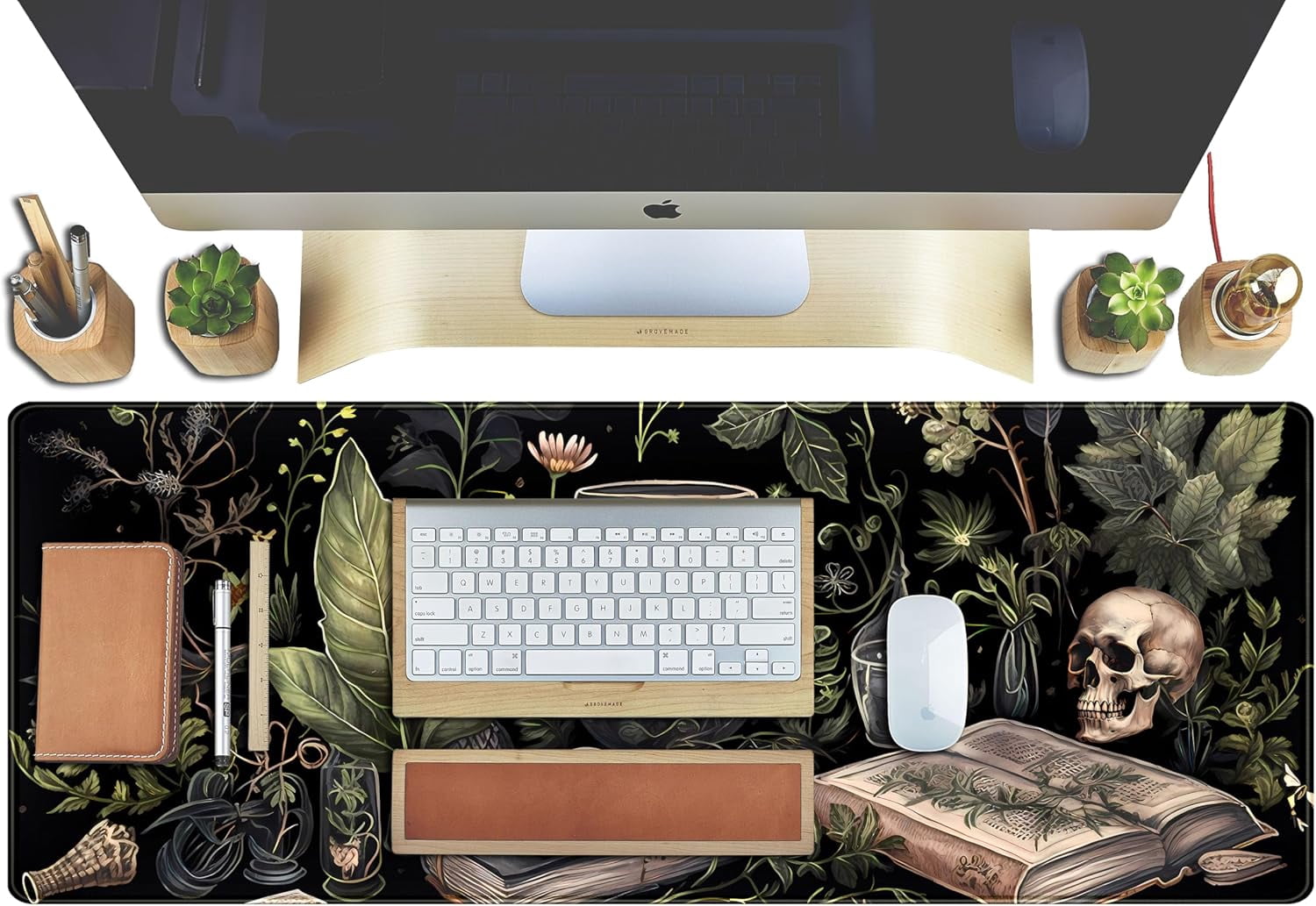 Dark Academia Desk Mat Mouse Pad XL Extended Large Gaming Desk Pad Mousepad, Mystical Green Plant Computer Laptop Keyboard and Mouse Mat, Desktop Protector Mat for Women Girl Office 31.5x11.8 in