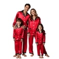 thumbnail image 4 of Holzkary Christmas Matching Family Satin Pajama Set,Contrast Trim Lapel Button Down Long Sleeve Top & Long Pants Jammies Set,2-Piece Soft Loungewear Family Xmas Holiday Nightwear Red 160, 4 of 5