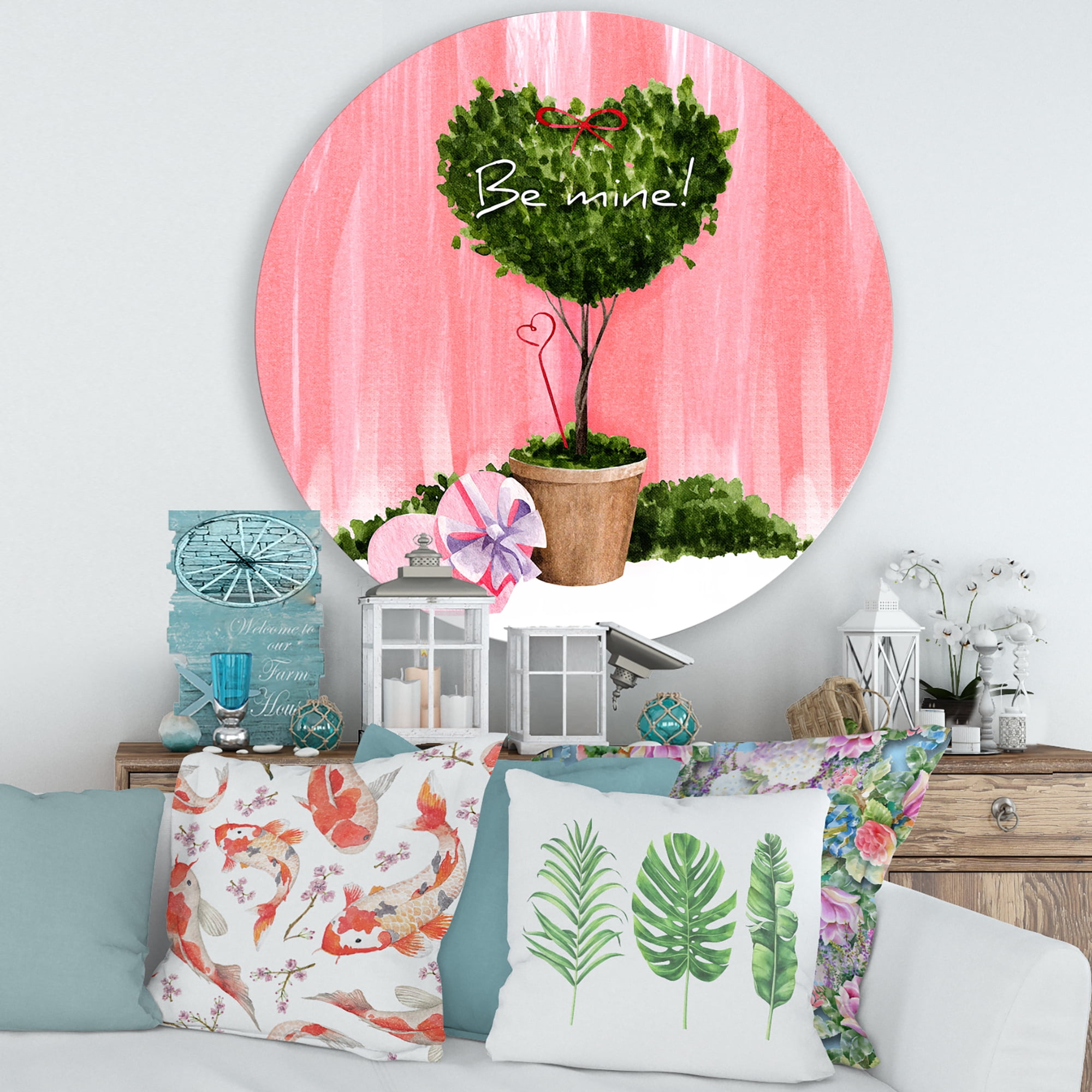 Designart 'Be Mine Heart Shaped Valentine House Plant' Farmhouse Circle Metal Wall Art 29x29 - Disc of 29