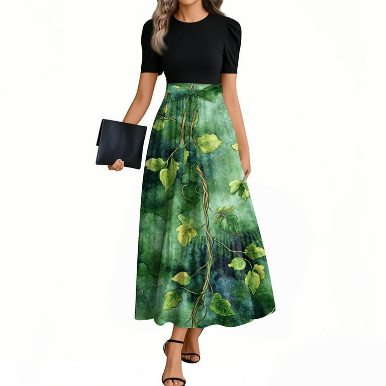 UoCefik Dark Green Dress Women Casual Sundresses Summer Floral Short Sleeve  a Line Dresses with Belt Elegant Patchwork Fashion Flowy Maxi Dress L -  Walmart.com