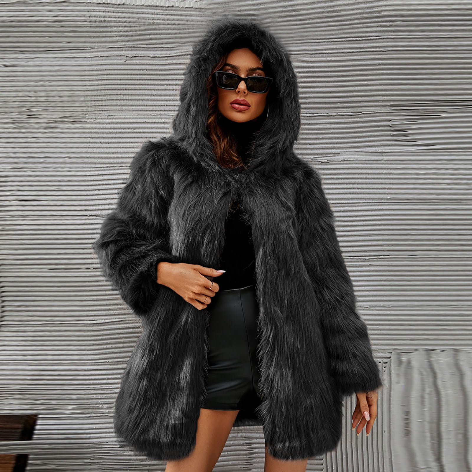 QATAINLAV Faux Fur Jacket for Women Fuzzy Fleece Cute Hoodie Coat Solid Casual Open Front Cardigan Mid Length Winter Coat, Black, M