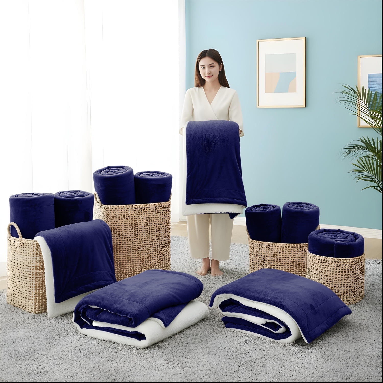 Moonlight20015 Wholesale Sherpa Fleece Throw Blankets 12-Packs Warm & Soft Plush Twin Size for Charity, Shelter, & Home Washable, Lightweight & Cozy Navy Blue