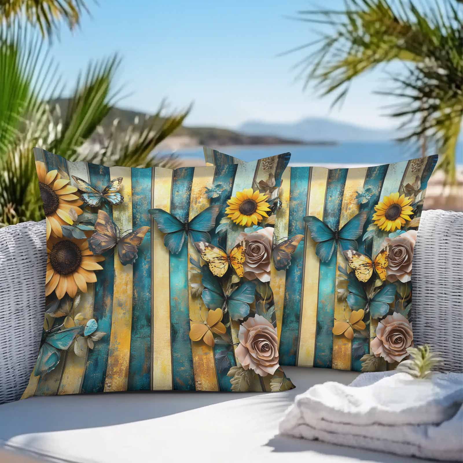 Outdoor Throw Pillows Covers 18X18 Set of 2 Waterproof Vintage Decorative Zippered Cushion Covers for Patio Furniture, Butterfly Sunflower Rose Striped Lumbar Pillowcases Yellow Blue