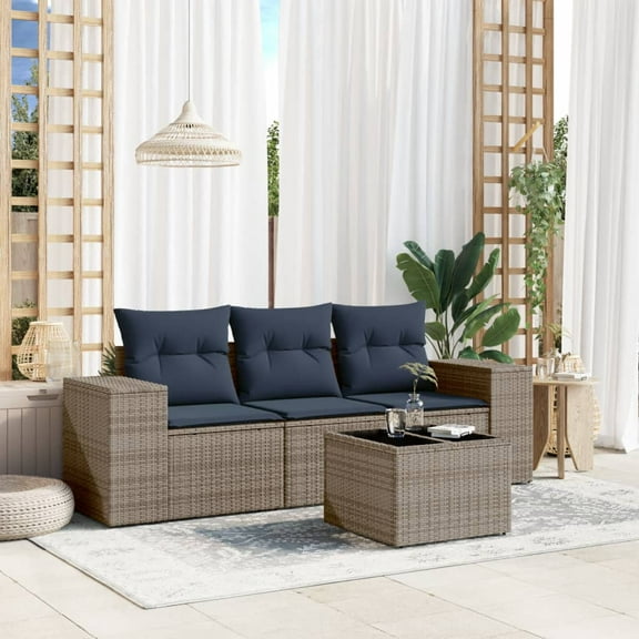 vidaXL 4 Piece Patio Sofa Set with Cushions Gray Poly Rattan