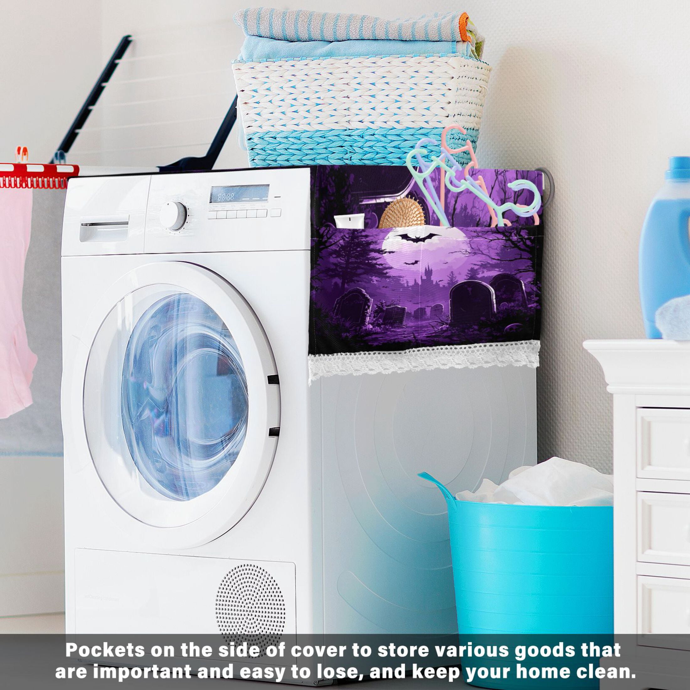Purple Full MoonWasher and Dryer Covers Dust-Proof and Oil Resistant Fridge Cover with 4 Storage Pockets Washing Machine Top Cover for Laundry Kitchen Home 51.2 x 22 In