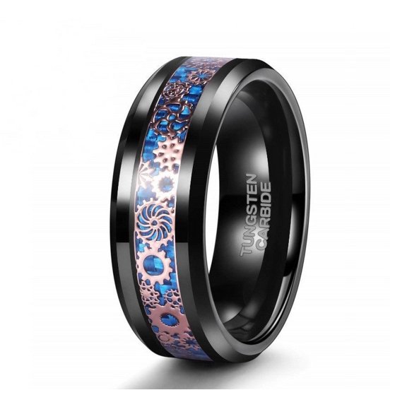 Men's Tungsten Ring with Blue Carbon Fiber Inlay and Gear Design Polished Metal Band Geometric Mesh Modern Look 8mm