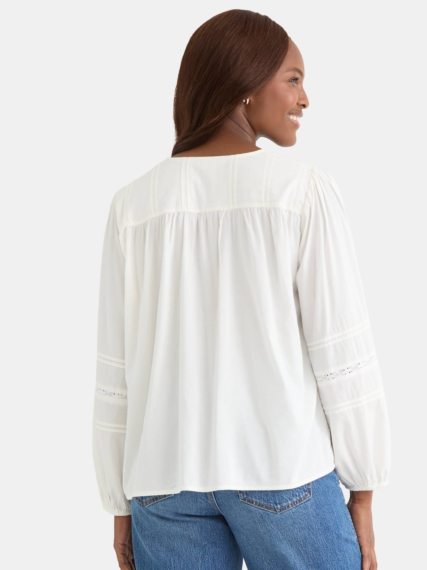Time and Tru Women's Lace Inset Blouse with Long Sleeves, Sizes XS-XXXL