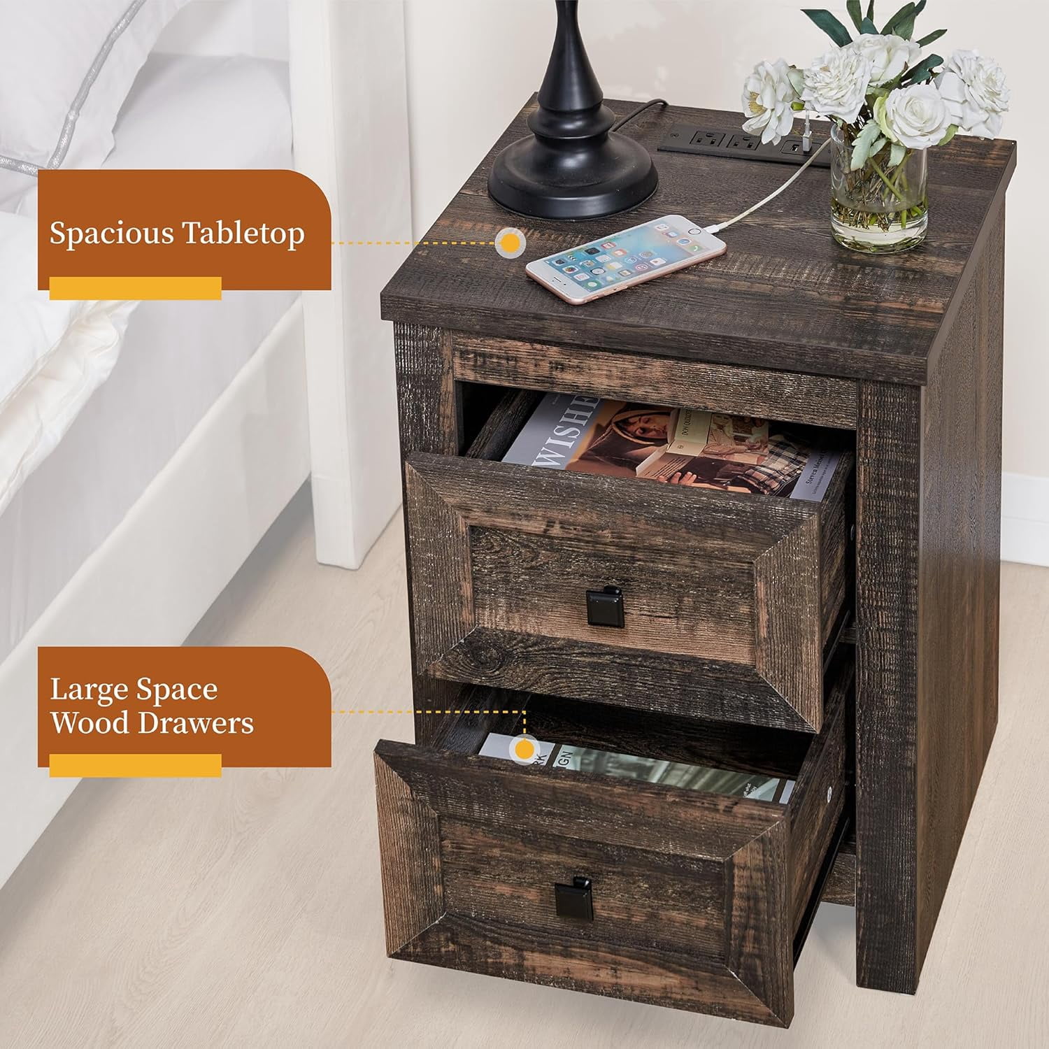Merluxy Nightstand Set of 2 with Charging Station, Farmhouse Wood Bedside Table with Dark Oak