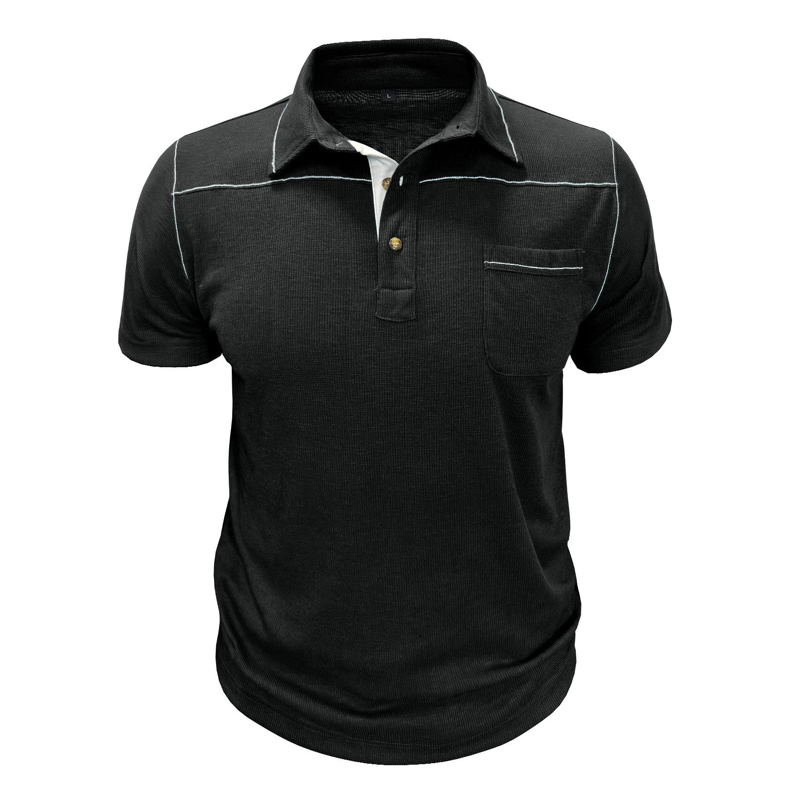 VSSSJ Shirt for Men Short Sleeve Ribbed Knit Golf Shirt Casual Classic Regular Fit Athletic Button Collared T-Shirts with Pocket Black S