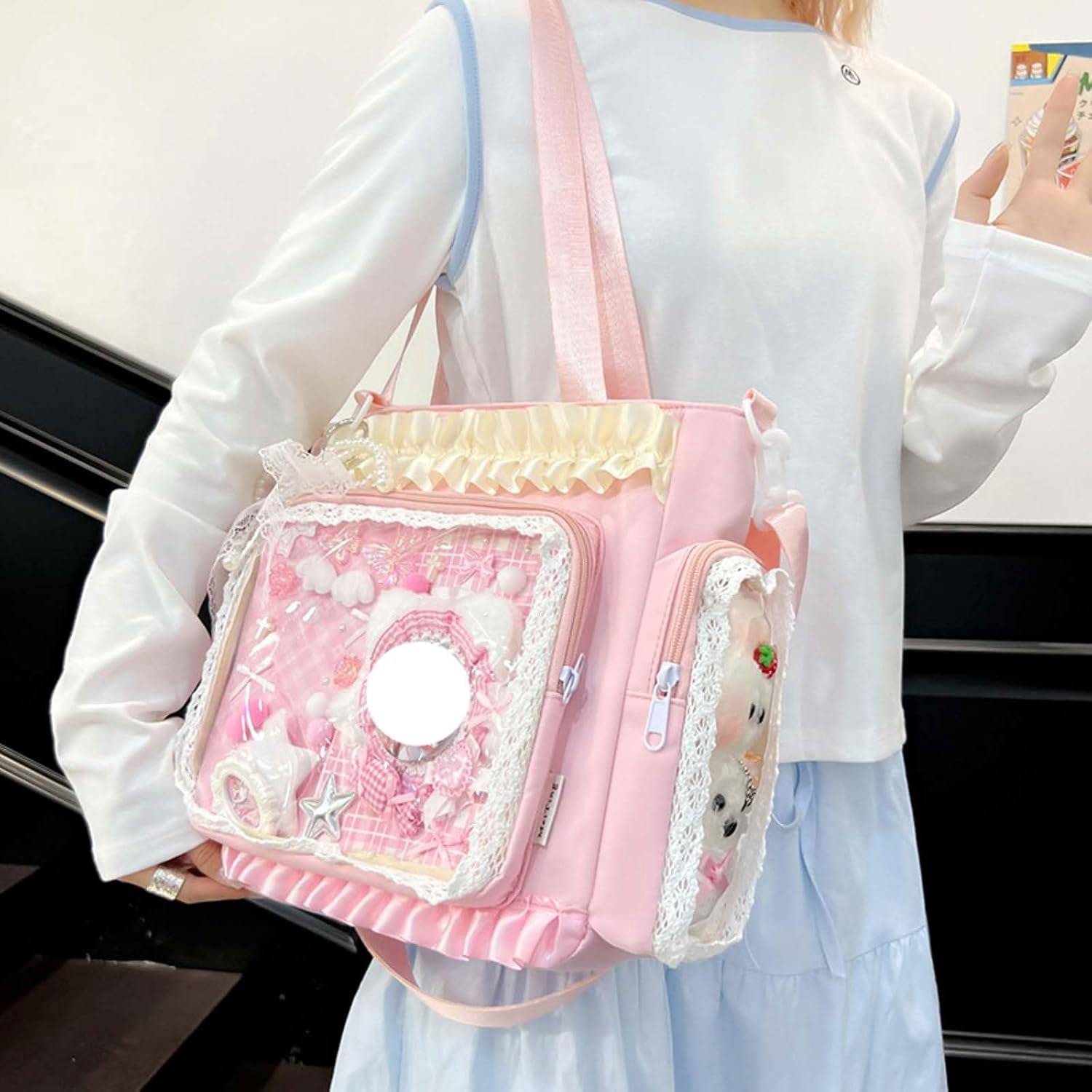 SPEKSEE Lace Itabag Ruffle Shoulder Purse， Pin Display Bag with Insert Anime Badge Display