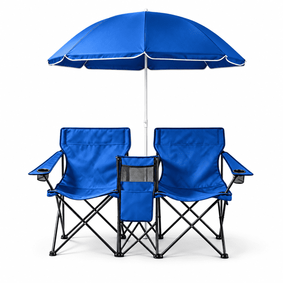 Double Folding Camping Chair with Canopy, 2-Person Outdoor Loveseat Chair with Cup Holders and Storage Bag for Beach, Patio and Camping, Blue