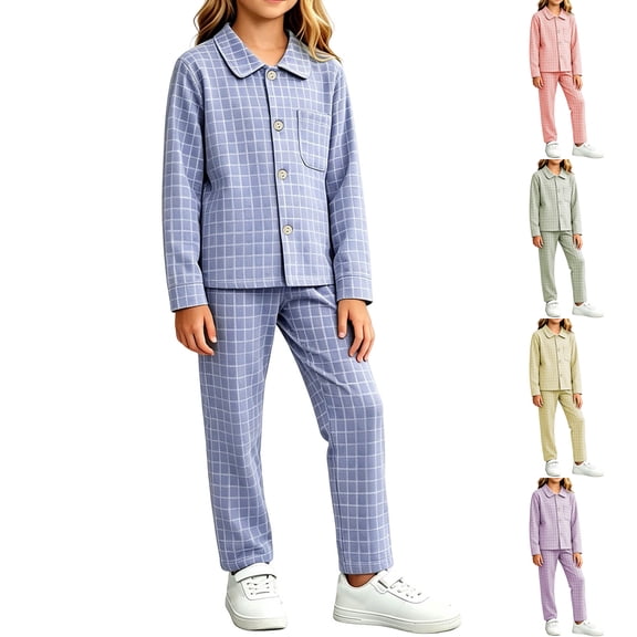Asxite Toddler Girls Fall Outfits Plaid Lapel Top Straight Leg Pants Casual Loose Breathable 2 Piece Set 7T