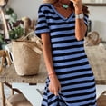 thumbnail image 4 of ClodeEU Women's Striped V Neck Short Sleeve Side Split Midi Dress,Soft Knit Casual Summer Dress Blue,Women's Plus L, 4 of 6