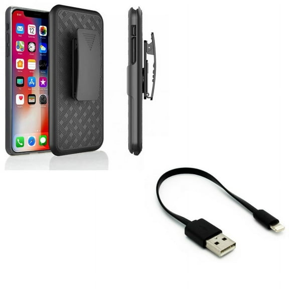 Short USB Cable w Case Belt Clip for iPhone XR - Charger Cord Power Wire Fast Charge, Holster Swivel Cover Kickstand Armor Compatible With iPhone XR