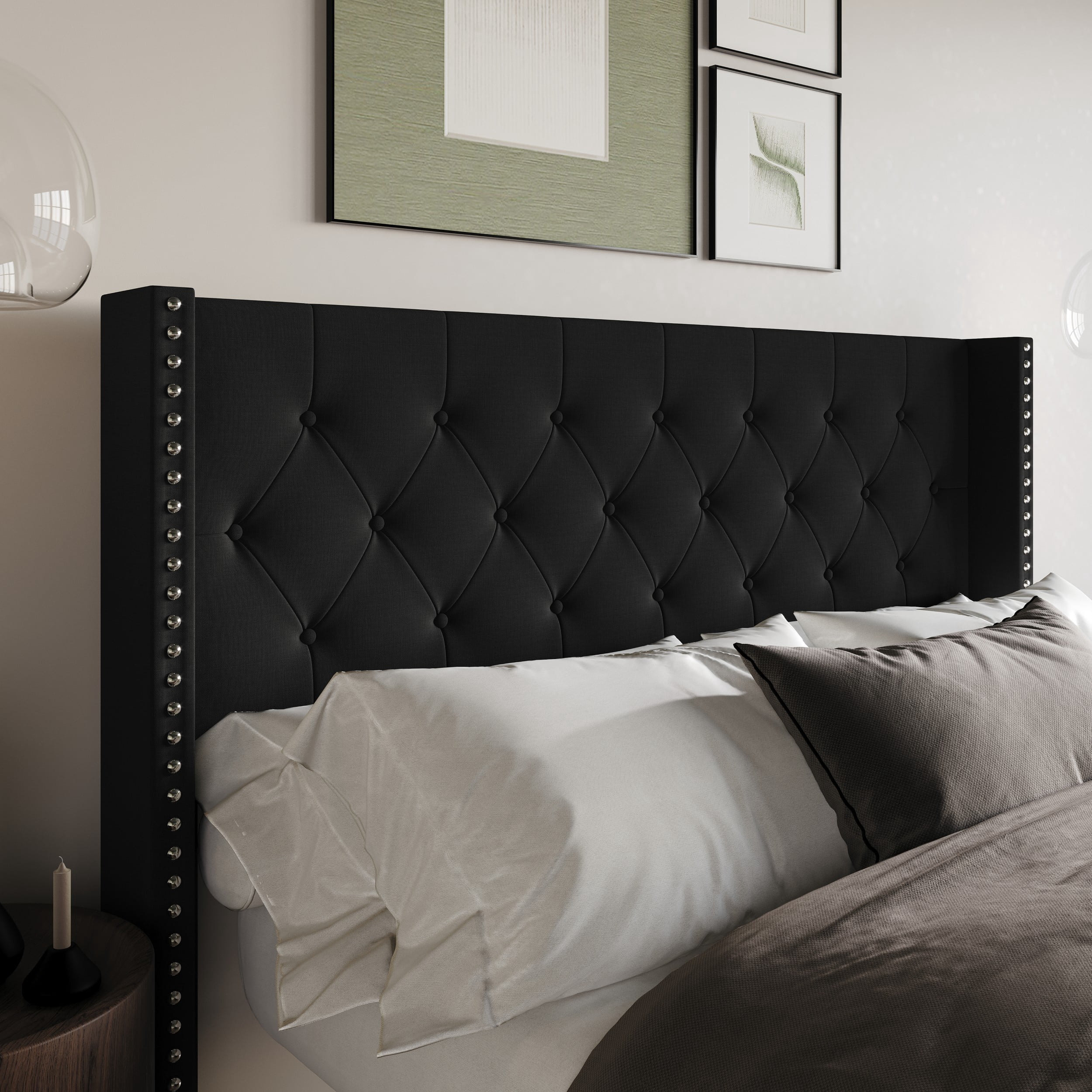 Home Design Grinnell King Tufted Upholstered Headboard with Wingback Design & Button-Tufted Detail, Black, Easy Assembly
