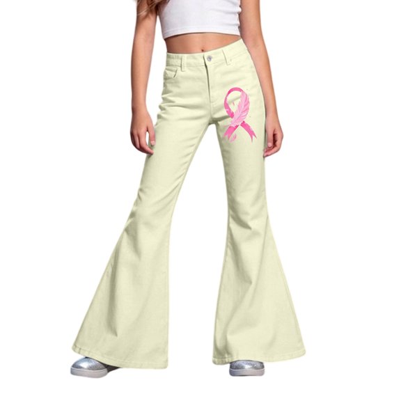 Tfken Child Soft Comfy Pants School Daily Wear Flare Denim Pants Girls With Pockets Stretch Fashion Graphic Print Kids Casual Clothes Size 5-6 Years Beige