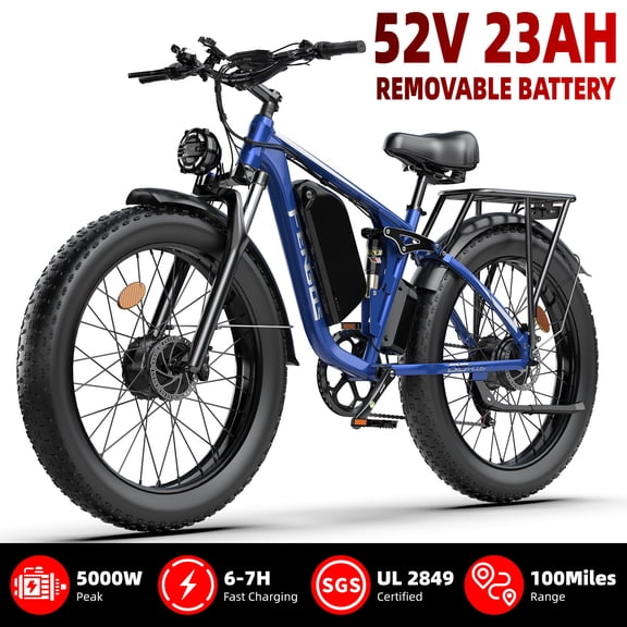 FENGQS Q8PLUS Electric Bike 5000W Dual Motor for Adults,26"x4" Fat Tire E Bicycle,52V/23AH Battery, 45MPH Electric Bicycle,80-100 Miles E Mountain Bike -(Blue) UL2849