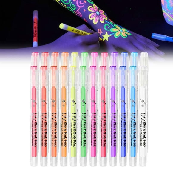 UV Neon Face Paint Markers 12 Colors - Blacklight Reactive Glow in Dark, Washable Quick-Dry Body Art Pens for Face & Body, Parties, Festivals, Cosplay & Temporary Tattoo