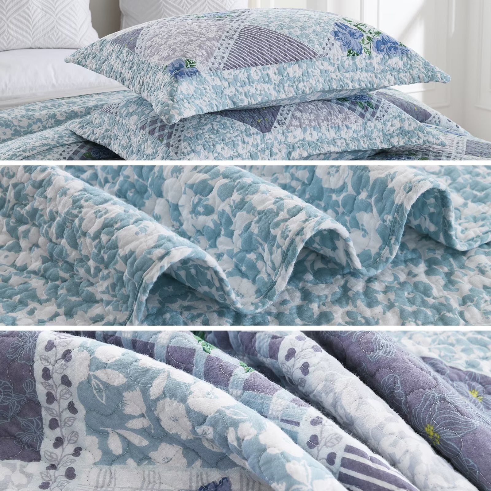 DDUOXIN California Queen Quilt Bedspread Set, 100% Cotton Blue Plaid Floral Reversible Oversized Queen Size Quilt Bedspread, Lightweight Farmhouse 3-Piece Spring Quilt for Queen Bed - 120"x102"