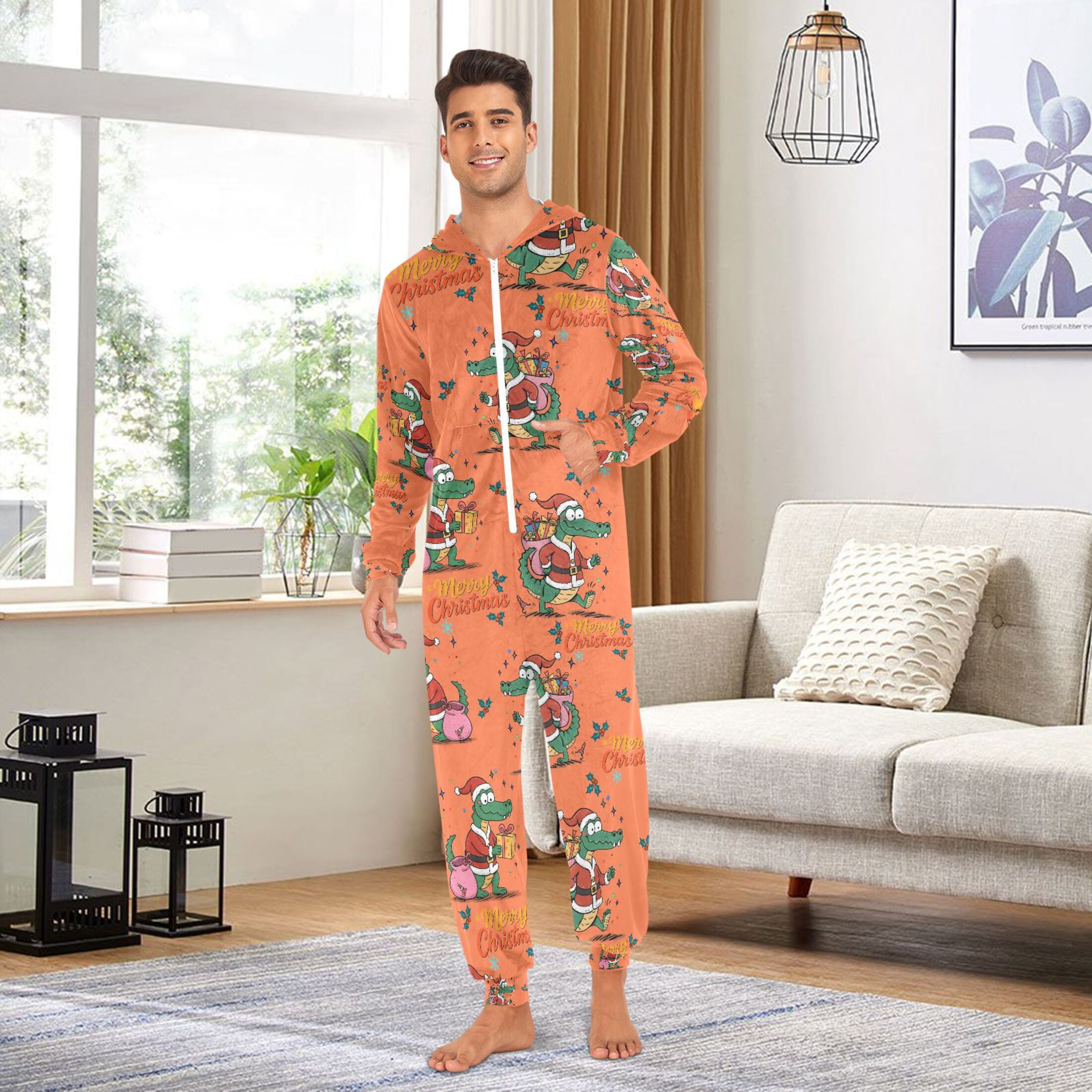 Adult Christmas Onesie Christmas Crocodile Adult Zipper One-Piece Pajamas Unisex Pajamas with Pockets
