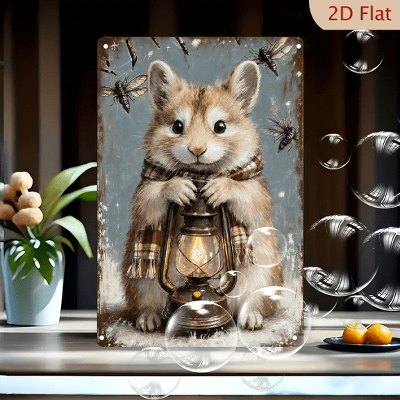 Vintage Rustic Hamster Lantern Art, 8x12 Inches Metal Tin Sign, Fluffy Animal with Plaid Scarf in Snowy Night Scene, Warm Glowing Brass Lamp, Wall Decor for Home Cafe Bar