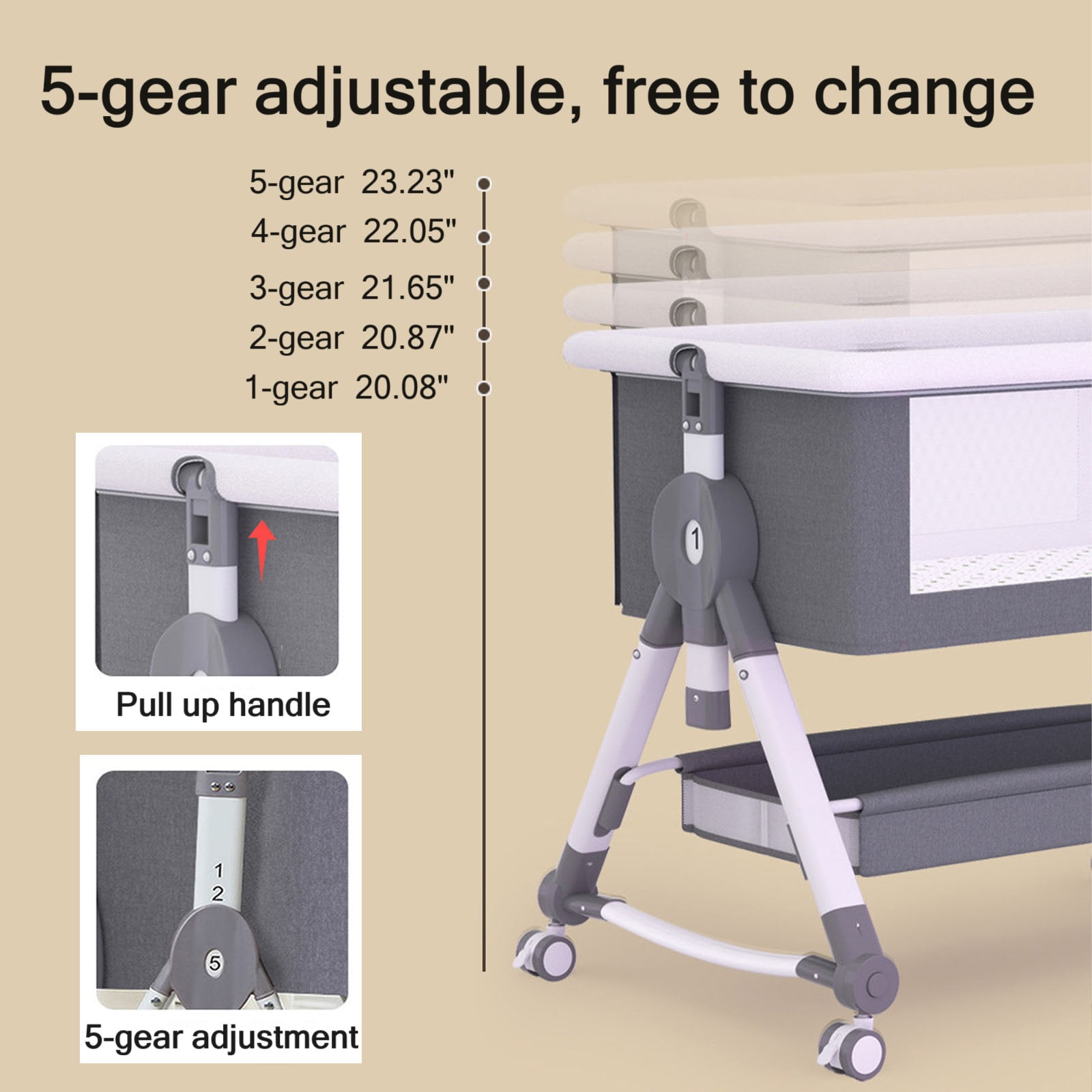 SLLINGLUO Baby Bassinet with Wheels, 5-Level Height Adjustable Folding Bedside Crib, Light Gray