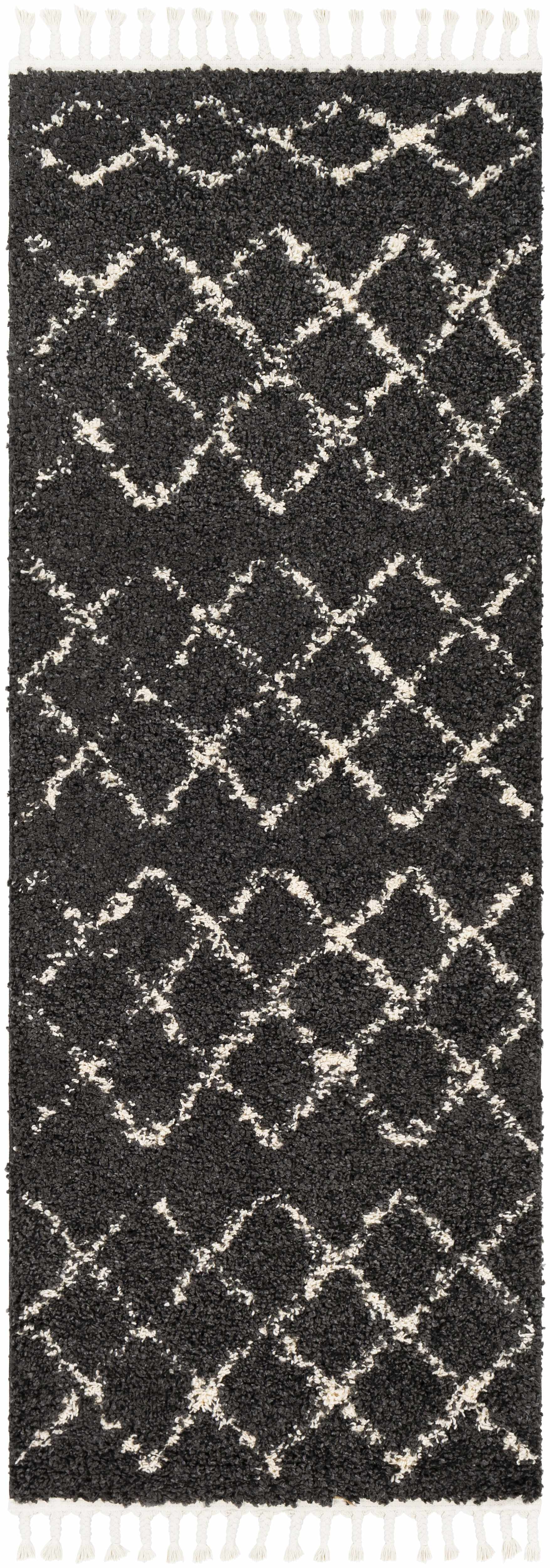 BoutiqueRugs Ayden Black Trellis Shag with Tassels Area Rug - Charcoal, Peach - 3'11" x 5'7"