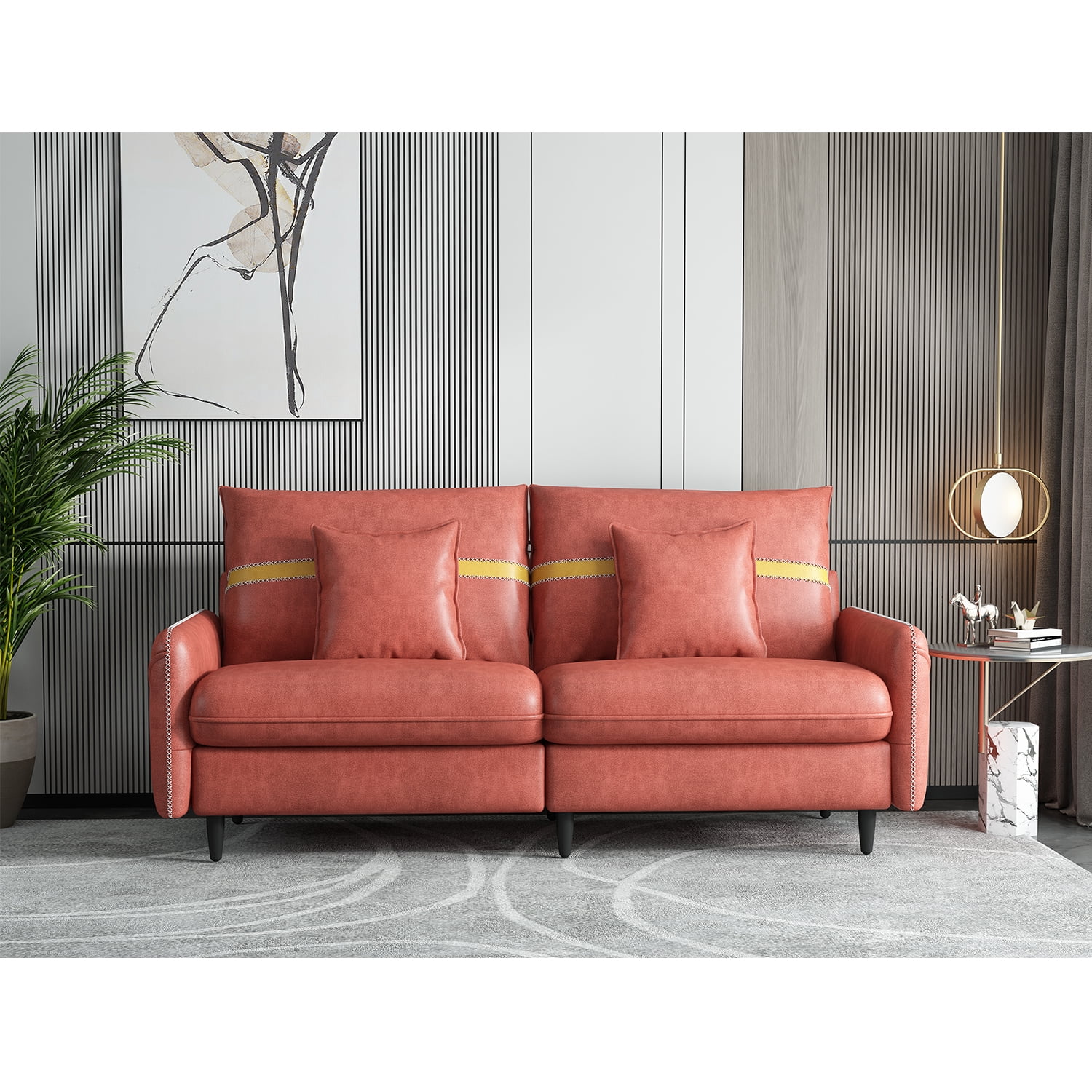 Kadyn 3-Seat Sofa Couch, Mid-century Tufted Love Seat with 2 Pillows, Modern Upholstered Sofa for Apartment, Orange Kadyn 3-Seat Sofa Couch, Mid-century Tufted Love Seat with 2 Pillows, Modern Upholstered Sofa for Apartment, Orange